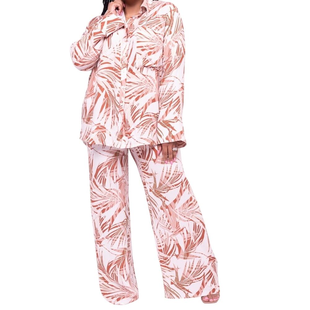 Palm Leaf Print Rayon Shirt Wide Leg Pant Set NWT Boho luxe Resort Size M euro